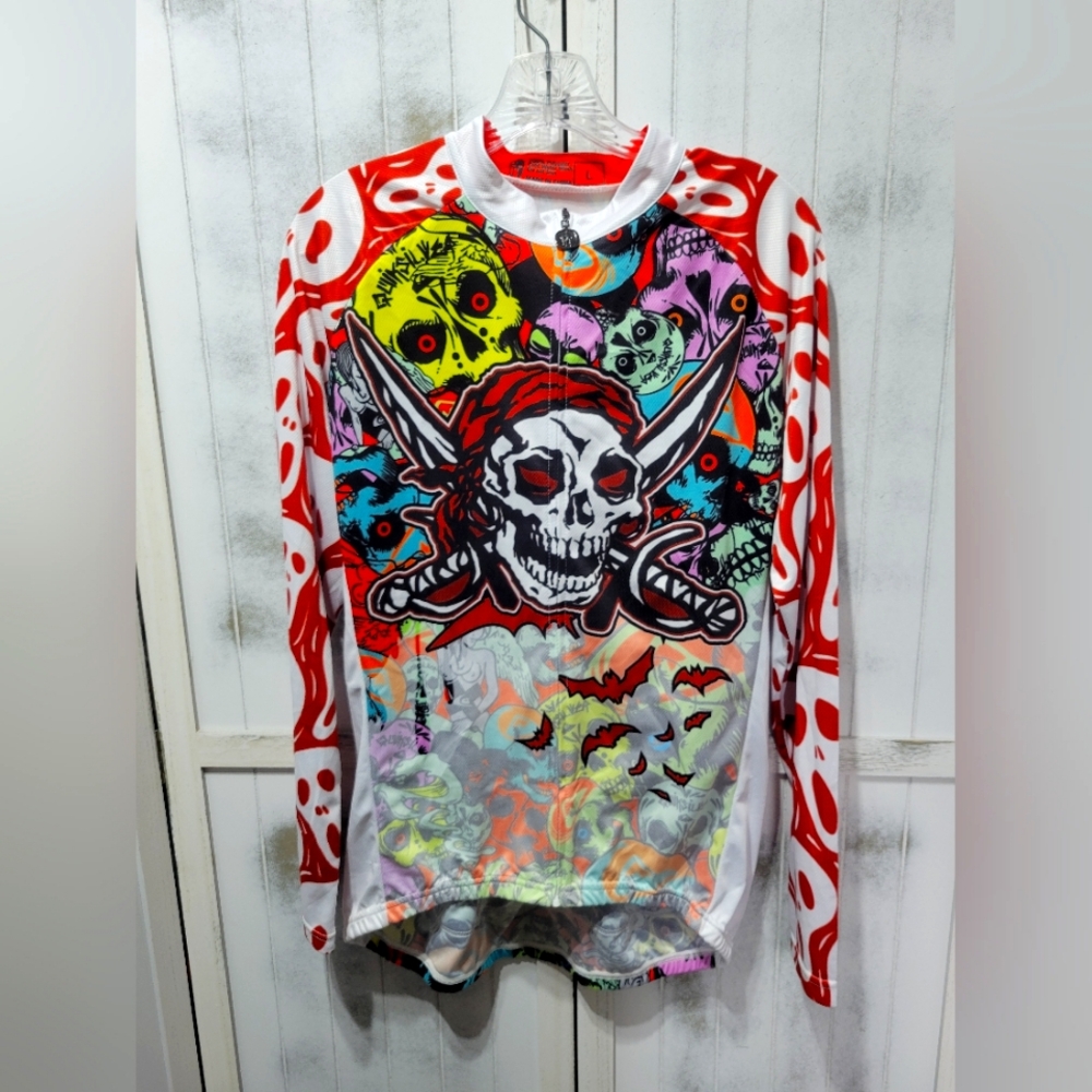 Paladin Long Sleeved Cycling Jersey Large Spooky Halloween Skulls Pirate